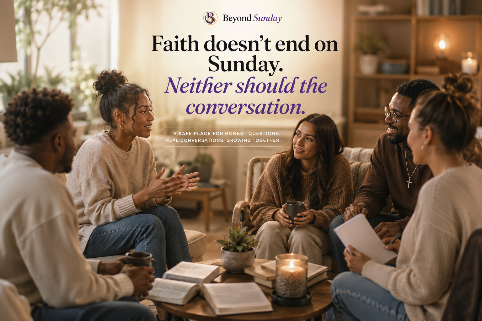 A warm gathering of friends in conversation over open Bibles and candlelight